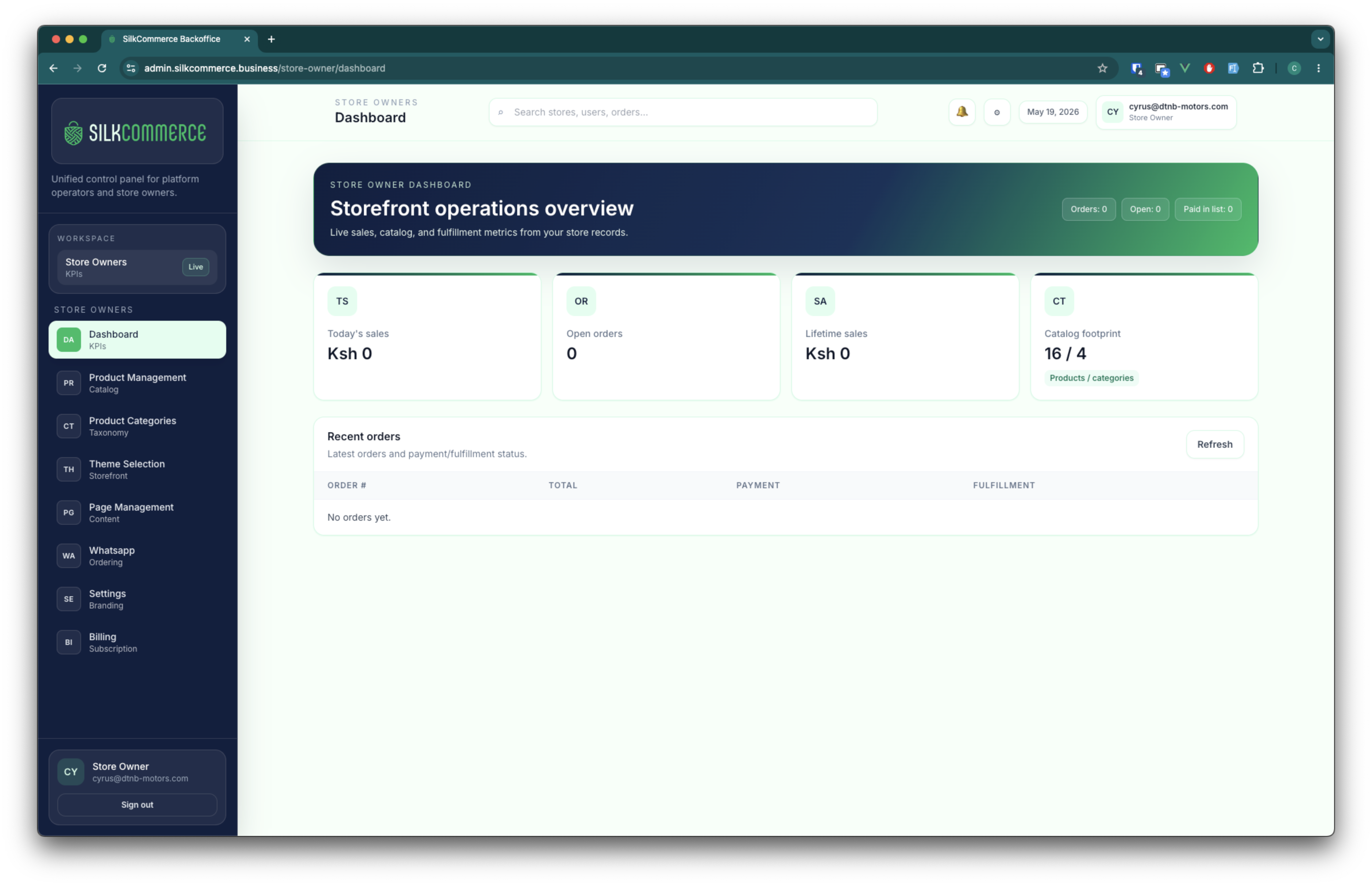 SilkCommerce merchant dashboard showing order stats, revenue graph, and inventory management
